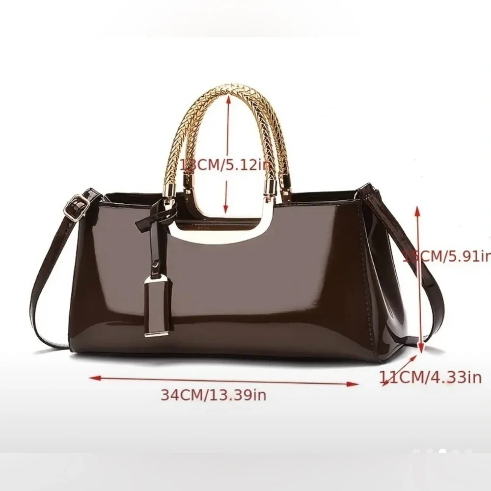 NWOT Elegant Evening Satchel Crossbody Bag Glossy Brown Zipper PU Leather Dusty